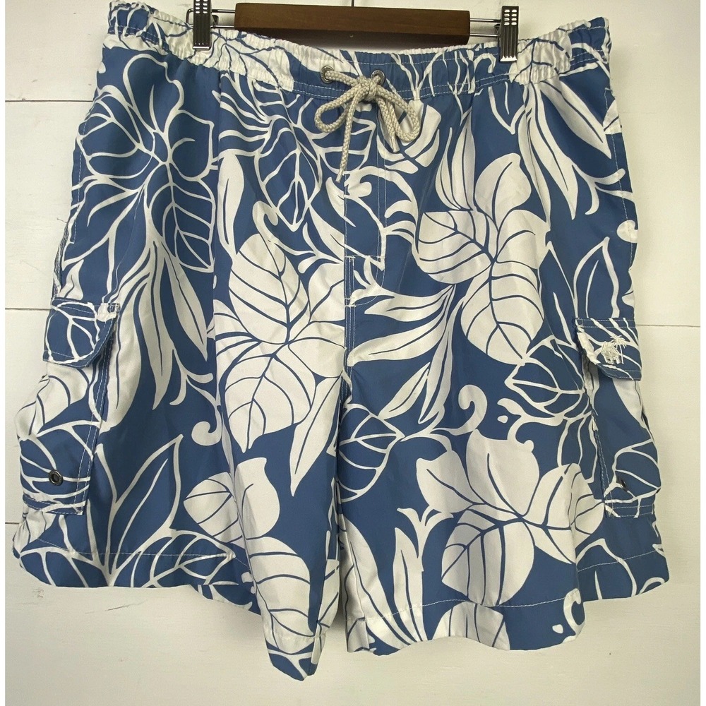 Caribbean Joe Mens Board Shorts Cargo Sz L Blue White Hawaiian Print Swimsuit